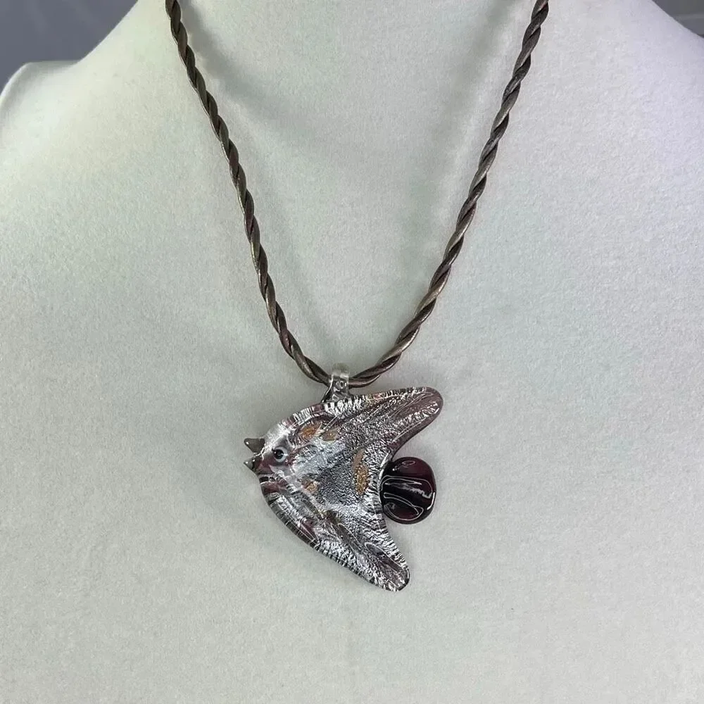 RMN glass ornate fish metallic twisted leather cord necklace.